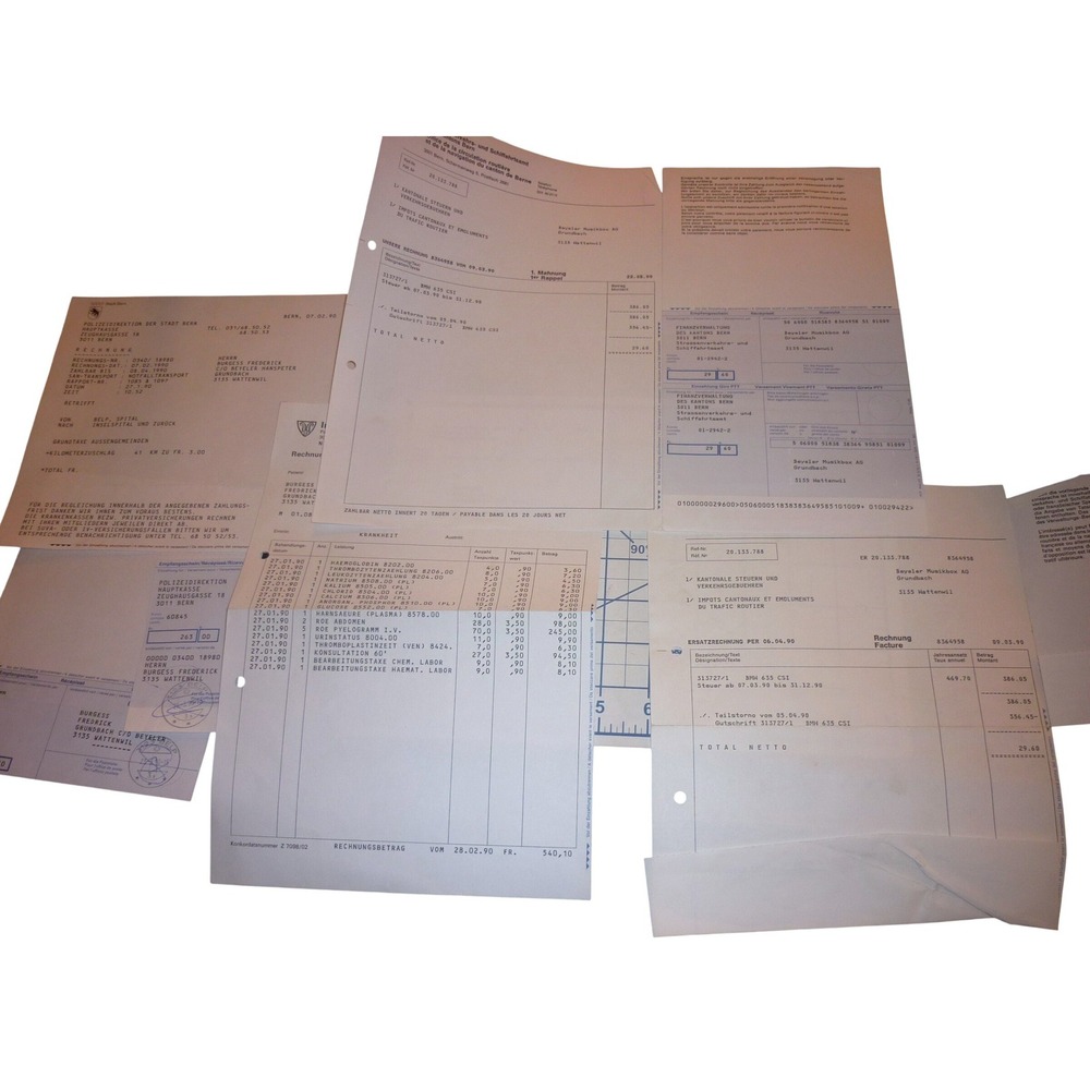 1990 BMW 635 CSi Canton Bern Switzerland Road‎ Tax Invoice & Mahnung Lot